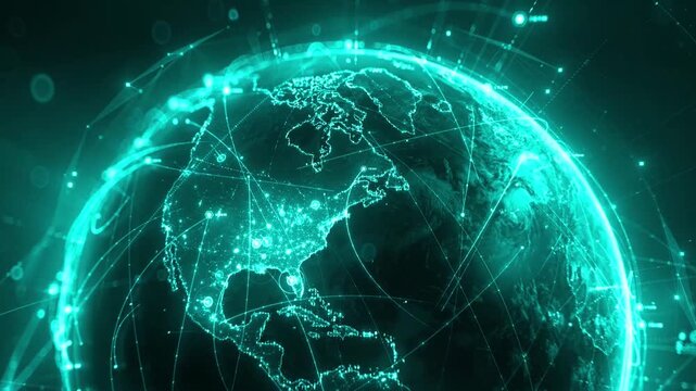 Futuristic digital globe network animation, glowing cyan cyber world map data communication loop, abstract 3d plexus internet big data technology background