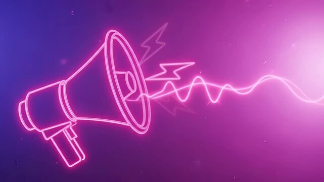 Neon glowing megaphone icon on a purple and blue gradient background, digital illustration of a loudspeaker for announcements and marketing