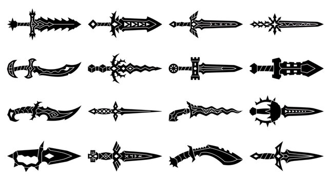 Black silhouettes of fantasy daggers and medieval swords set on a white background, representing game assets development and tattoo design inspiration