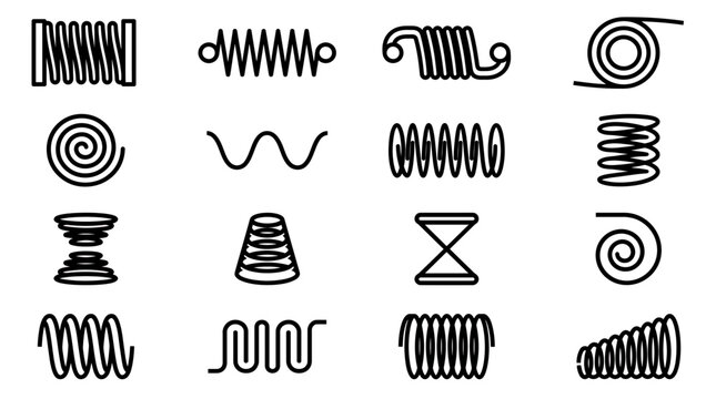 Black line icons set of various spring coil and spiral vector designs on white background, illustrating mechanical engineering concepts, symbolizing industrial hardware components