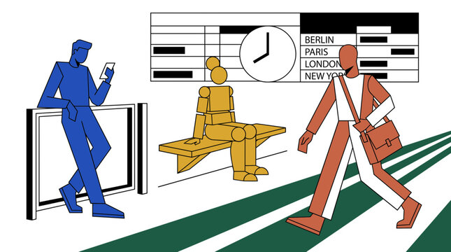 Flat vector illustration of passengers waiting and walking at a train station platform near a departure board, illustrating urban travel concepts and modern commuting lifestyle
