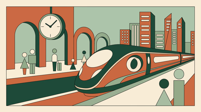 Minimalist retro illustration of passengers waiting at a railway station platform with a modern train and city skyline, representing public transportation banner designs or urban commuting concepts