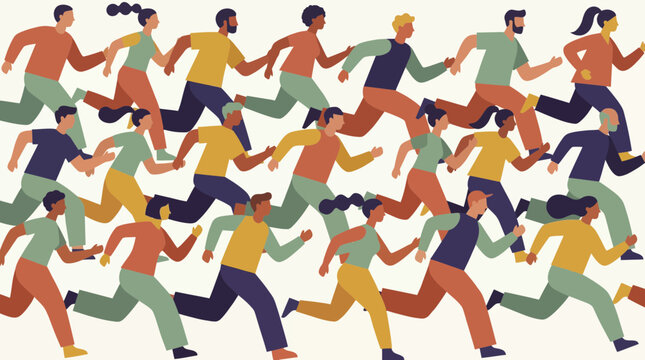 Flat vector illustration of a diverse crowd of people running and jogging together in one direction, representing active lifestyle promotion and community marathon event marketing