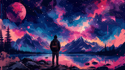 A lone figure stands on the shore of a tranquil lake, gazing at a breathtaking, vibrant nebula stretching across a star-filled night sky above majestic mountains. © rono