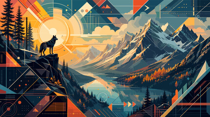 A lone wolf stands silhouetted against a vibrant, geometric mountain landscape at sunrise, overlooking a serene lake. © rono