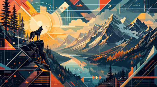 A lone wolf stands silhouetted against a vibrant, geometric mountain landscape at sunrise, overlooking a serene lake.