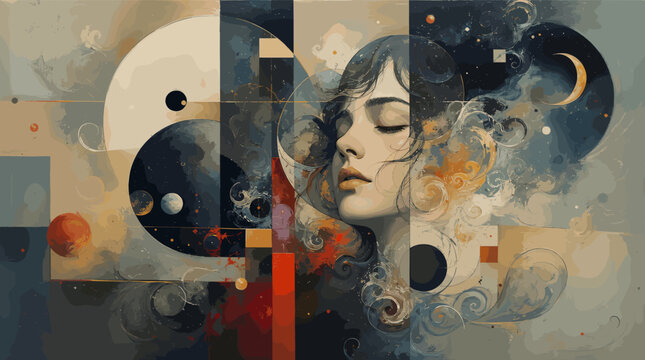 Abstract portrait of a woman with eyes closed, surrounded by cosmic and geometric elements, evoking a sense of introspection and dreamlike wonder.