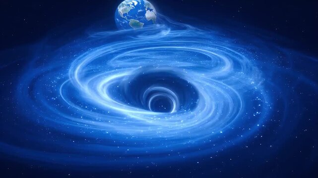 Cosmic apocalypse Earth black hole space galaxy vortex gravity abstract digital background, glowing blue cosmic vortex accretion disk pulls Earth above swirling black hole, nebula starfield deep