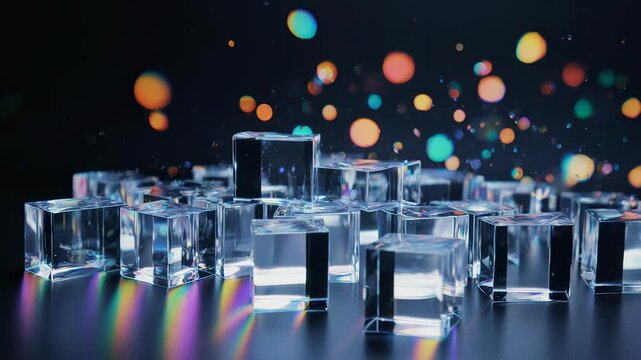 Crystal cubes refract rainbow light, reflective surface transforms geometry into vibrant abstract spectacle.