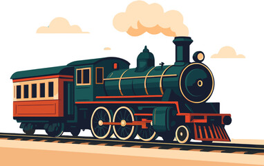 Vintage steam locomotive pulling passenger cars along a railway track with smoke billowing from its chimney. © Tukujajan