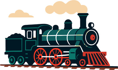 Vintage steam locomotive with red wheels and a coal tender, emitting smoke, on railway tracks. © Tukujajan