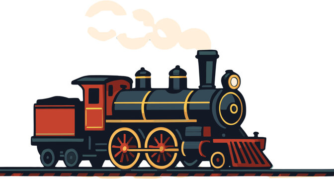 Vintage steam locomotive with red accents, emitting smoke, on a railway track, symbolizing historical transportation.