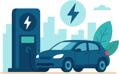 Naklejka premium Detailed description of an electric vehicle charging at a station in a city setting, illustrating sustainable transport technology.