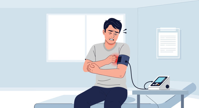 Man's blood pressure taken in clinic, worried expression, medical check-up