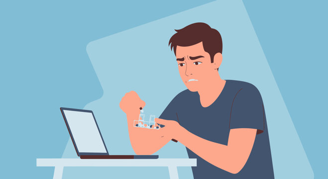 Man with medical patch on arm using laptop, healthcare technology concept