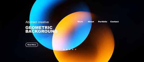 Obraz premium Dark background features vibrant overlapping shapes. Text highlights geometric design, navigation options present. Button invites further exploration.