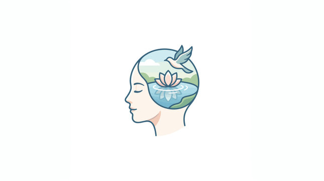 Mindfulness and Inner Peace: Nature scene inside a woman's head silhouette
