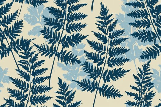 Navy blue fern leaves forming a botanical pattern on a beige backdrop in a sharp focus macro shot for textile design marketing