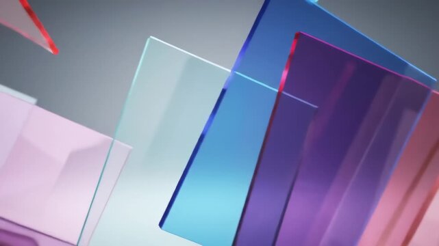 Abstract geometric composition of transparent colored glass planes, floating and overlapping in a gradient background, modern luxury design, technology and business themes