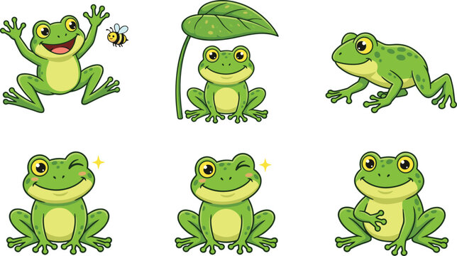 Cute green frog vector cartoon character set featuring happy little toads in various playful poses, sitting under leaf, and winking isolated on white background.