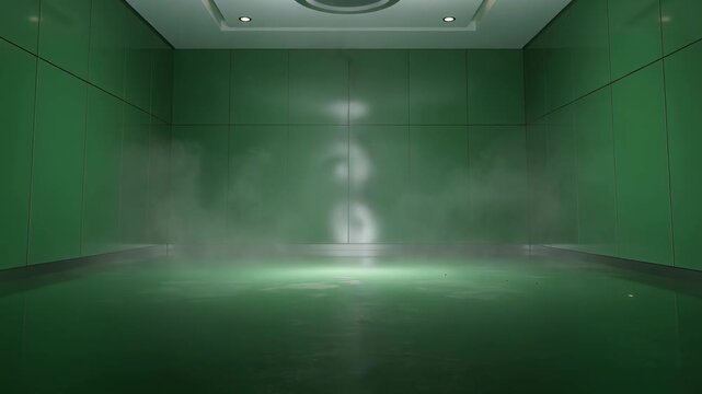 Bright lightning strike with sparks inside modern green tiled room with reflective floor and ceiling lights