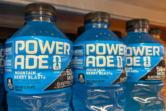 Sports drink Powerade lines the shelves at super market grocery store Stop and Shop.in Norwalk, Connecticut on June 14, 2026.