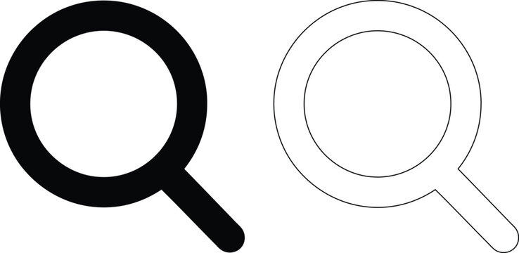 Magnifying glass search icons in solid black and thin line styles for website search bars and digital interface exploration elements