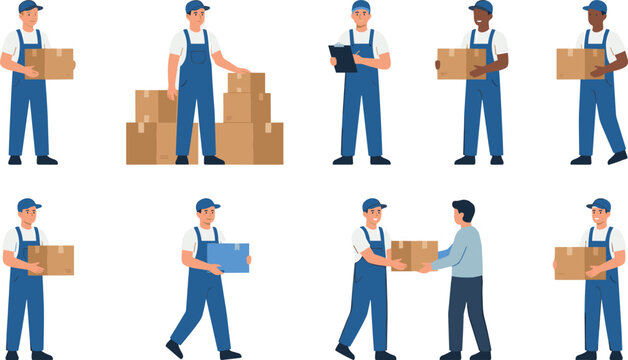 Delivery courier character vector set featuring diverse movers in blue overalls carrying cardboard boxes, checking clipboards, and handing parcels to customers isolated on white background.