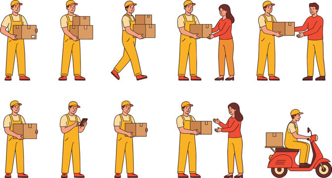 Delivery service vector character set featuring couriers in yellow overalls carrying parcels, riding scooter, and handing cardboard boxes to customers isolated on white background.