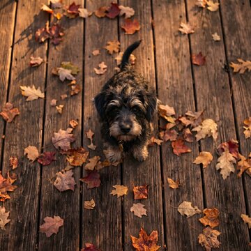 Overhead view of adorable small Pomapoo dog looking up at camera on wooden floor with autumn leaves