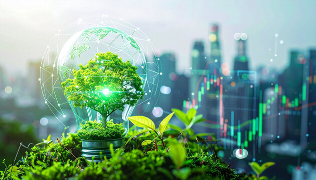 Eco-Innovation Lightbulb: A brilliant green sapling sprouts from a lightbulb, nestled on moss, symbolizing environmental sustainability and innovative growth.