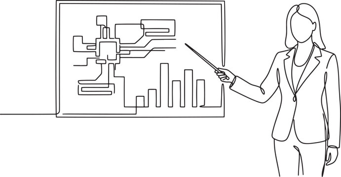 Businesswoman presenting data charts and technical diagrams on a whiteboard using a continuous single line drawing vector illustration style