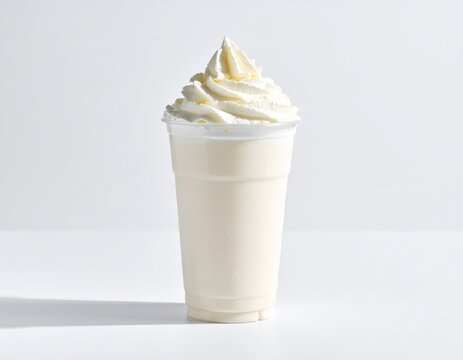 Vanilla milkshake in clear cup topped with whipped cream