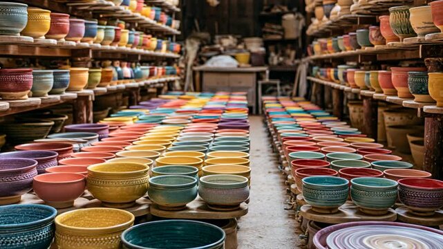 Colorful handmade ceramic bowl collection arranged rows wooden shelves pottery workshop showcasing vibrant craft and artistic