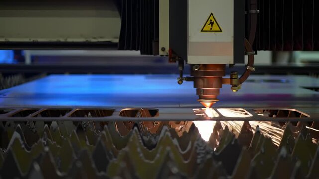 Industrial laser cutting machine precisely shaping metal sheet, bright sparks and molten material flying, cutting edge technology for manufacturing