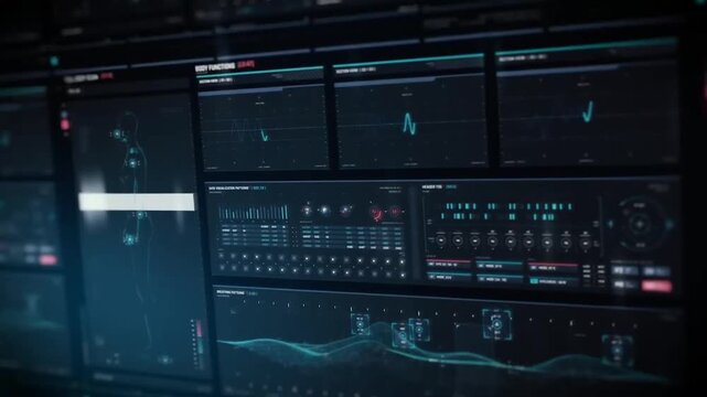 Futuristic medical HUD interface showing human body scan, brain anatomy, DNA data analysis and vital signs monitoring, sci-fi healthcare technology concept loop background