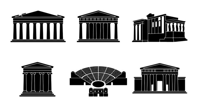 Ancient Greek Architecture Silhouettes, Classical Building Icons, Temple Facades, Historical Structures Vector Set, Monumental Design Elements