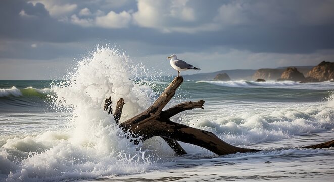 Seabird perched on weathered driftwood with ocean waves crashing in the background
