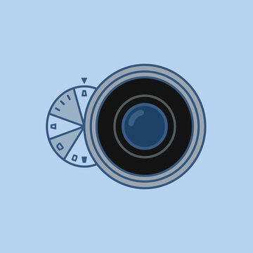 A minimalist blue illustration of a camera lens and dial