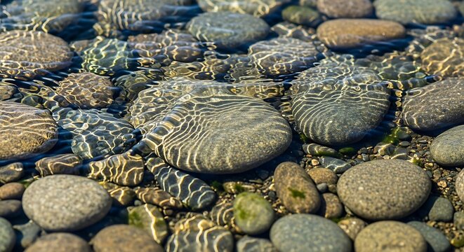 Spiral seashells resting on smooth pebbles on a shoreline under shallow water