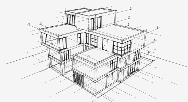 Architectural Perspective Drawing Featuring a Modern Multilevel Residential Building Structure with Precise Construction Lines