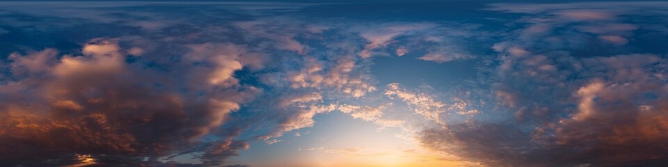 Fototapeta premium Sunset sky panorama with bright glowing pink Cumulus clouds. HDR 360 seamless spherical panorama. Full zenith or sky dome in 3D, sky replacement for aerial drone panoramas. Climate and weather change.