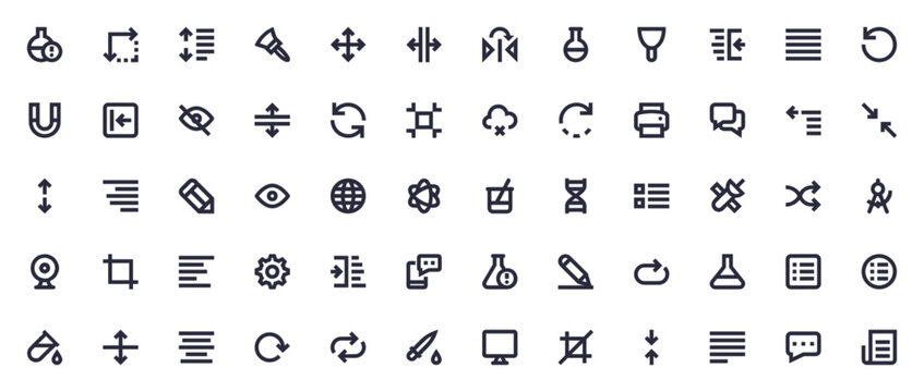 User Interface icon set. Minimal thin line web icons. Vector illustration. Featuring border style, text alignment, reload, settings, crop tool, flask, comment, eye, and more.