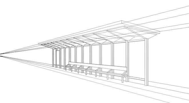 Minimalistic line art architectural sketch of a modern bus stop shelter with a bench in perspective
