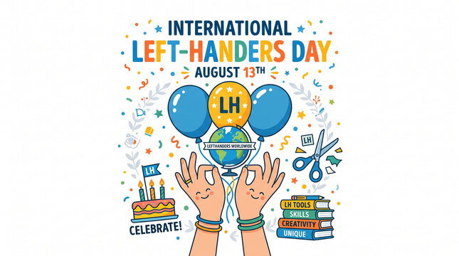 International Left-Handers Day colorful celebration poster with festive icons and hands.