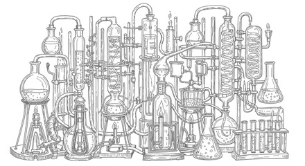Obraz premium Complex Laboratory Glassware Apparatus for Scientific Research and Chemical Distillation Process Line Art Illustration