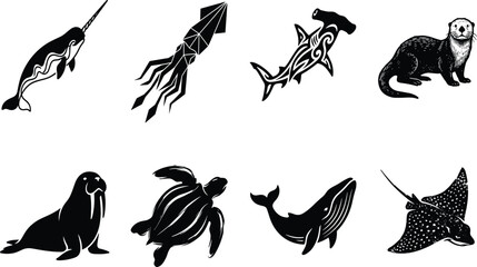 Marine life and ocean animals silhouette vector set featuring narwhal, hammerhead shark, sea turtle, humpback whale, and manta ray © MstRowshan