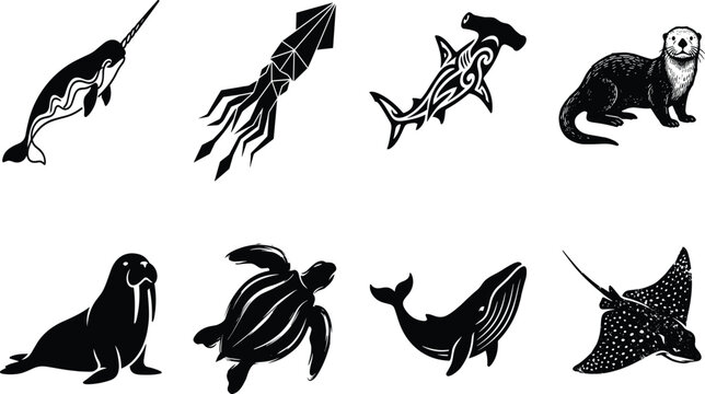 Marine life and ocean animals silhouette vector set featuring narwhal, hammerhead shark, sea turtle, humpback whale, and manta ray