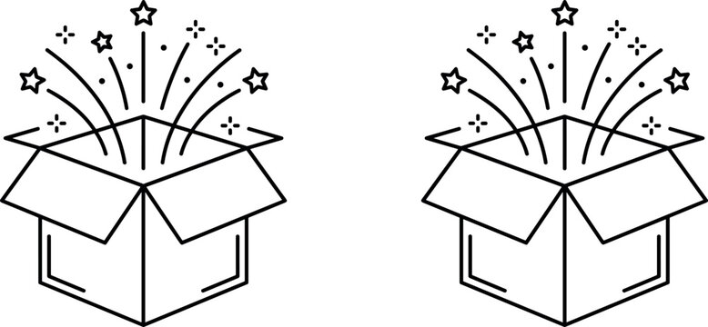 Magic Surprise Gift Box Line Icon with Star Burst Exploding Elements for Birthday Celebrations Marketing Promotions and Unboxing Graphic Designs