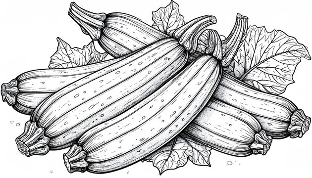 Detailed vintage sketch of zucchini squash with leaves.